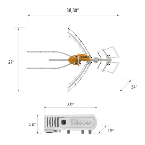 Ellipse Mix 148883 Beefed Up Amplified HDTV Antenna dimensions 38.80x27x34 inches with TForce preamplifier component shown