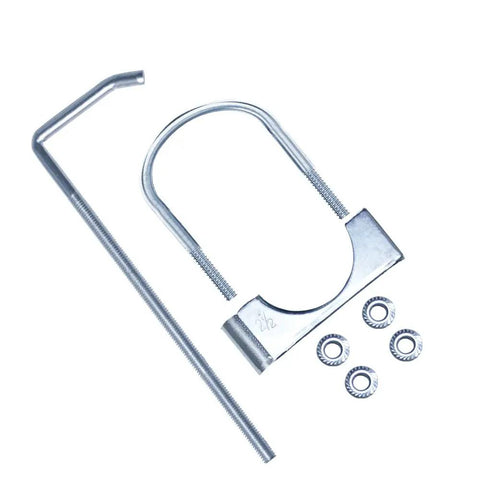 4 Piece Universal Exhaust Clamp With Hanger Fits 2.5 Inch Exhaust Pipe, bolt and hangers visible, heavy duty zinc coated.