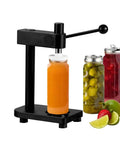 Heavy Duty Manual Can Sealer Machine for aluminum and plastic cans, sealing orange bottle, with pickles, jam, and lime fruit