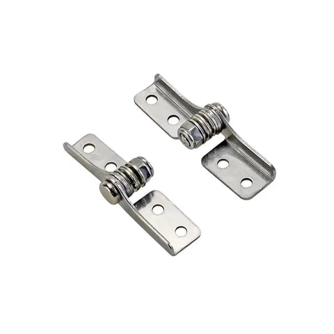 Two stainless steel damping hinges with adjustable torque stops for cabinet doors