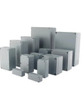 Front view of SHIHUANI aluminum junction boxes in varying sizes; IP66 metal enclosures for electrical projects