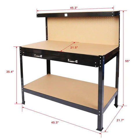 Beefy Garage Workbench With Pegboard, Steel Frame And MDF Top, Built In Storage Drawer And Lower Shelf, 300 Lb Capacity Work Table