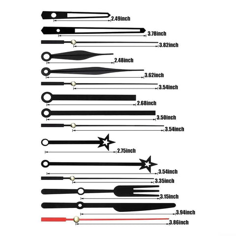 Various clock hands for DIY Quartz Clock Movement With Illuminated Hands For Wall Clock Restoration And Repair, size labeled.