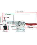 Beefy Heavy Duty Horizontal Toggle Clamp With Quick Release showing measurements and red handle
