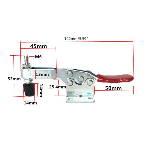 Beefy Heavy Duty Horizontal Toggle Clamp With Quick Release showing measurements and red handle