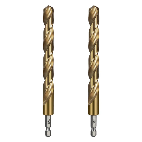 Heavy Duty Cobalt Drill Bit Set Three Sixteenth Inch Hex Shank, showing two bits, M35 coated for hardwood metal aluminum drilling.