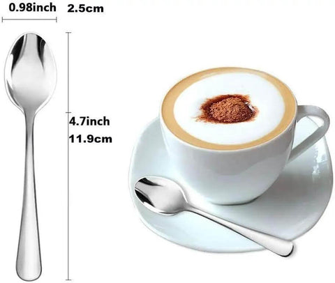 Demitasse Espresso Spoon Set Of 6, Mini Stainless Steel Coffee Spoons next to cappuccino, measures 4.7 inch, polished finish