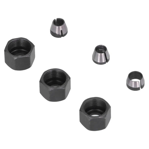 Router Collet Replacement Kit Carbon Steel 6mm 6.35mm 8mm With Nut For Trimmer Engraving Machine, hexagonal nuts and collets visible