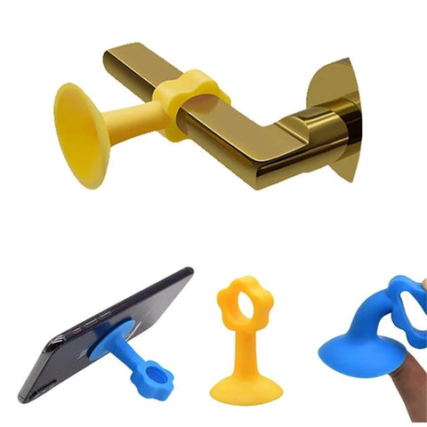 Silicone Door Stopper And Wall Protector With Soft Closing Damper For Noise Reduction And Wall Protection Versatile Cushion For Doors Cabinets And Handles Also Functions As Phone Holder Hook And Tile Suction Cup in assorted colors.