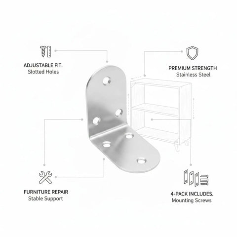 Beefy Heavy Duty Stainless Steel L Brackets 90 Degree Corner Brace Set with slotted holes for furniture support