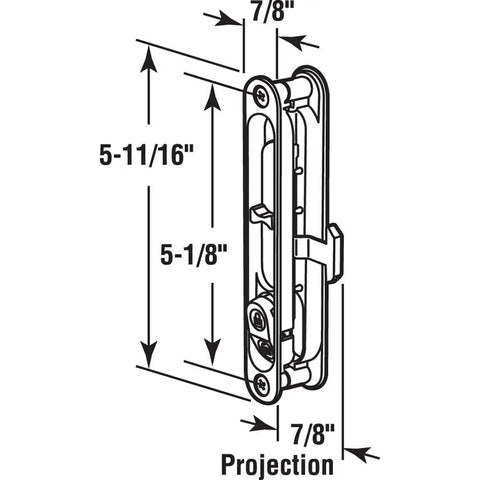 Technical diagram of Diecast Black Flush Sliding Screen Door Latch For Mortise Mounted Doors, Nonhanded Replacement Handle.