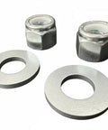 Two steel lock nuts and washers for heavy duty 36 inch go kart axle rod with one inch diameter and three quarter inch step down.