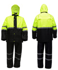 Front and back view of Hi Vis Reflective Rain Gear Set For Men Waterproof Jacket And Pants Yellow Large Lightweight