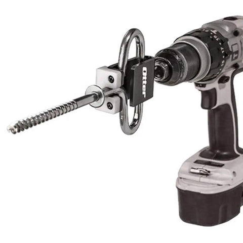 One Hand Ice Anchor Driver Tool For Quick Snap Anchors attached to cordless drill, steel construction