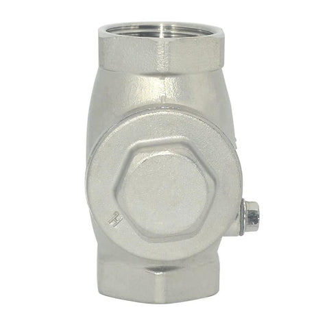 Front view of 1-inch stainless steel SS316 swing check valve with female NPT threads