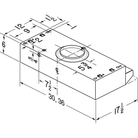Diagram of Under-Cabinet 30-Inch Range Hood with Two-Speed Exhaust Fan and Light in Stainless Steel, dimensions and ductwork details.