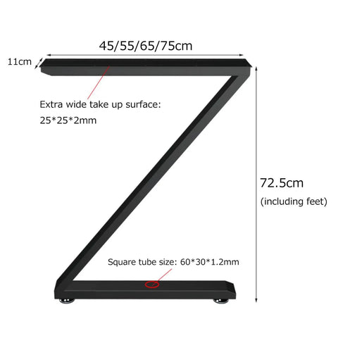 Pair Of Heavy Duty Metal Table Legs For DIY Projects, Industrial Z Shape Frame with dimensions 72.5cm height and 25cm width.