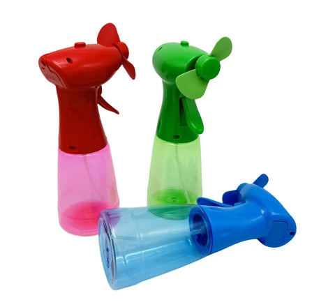 Three Pack Portable Misting Fan Instant Chill Airflow Battery Powered Compact Cooler For Camping Office Park in red green blue.