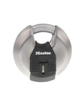 Beefed Up Stainless Steel Discus Lock With Tough Cut Boron Carbide Shackle shown front view with black cover