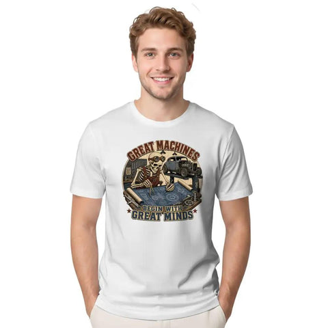 Vintage Mechanical Blueprint Tees Distressed Auto Diagram Gift Gearhead Shirts For Garage Makers And Car Enthusiasts Worn Precision Parts Art worn by a man.