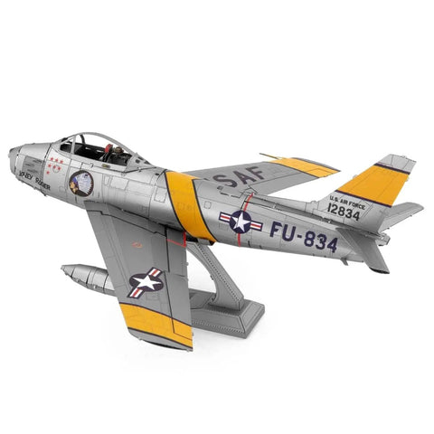 F86 Sabre Aircraft 3D Metal Model Kit Bundle With Tweezers Unassembled Hobby Model Kit displayed on a stand
