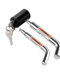 Right Angle Hitch Receiver Pin Lock With Dual One Half Inch And Five Eighths Inch Pins features a chrome finish and includes keys and caps.