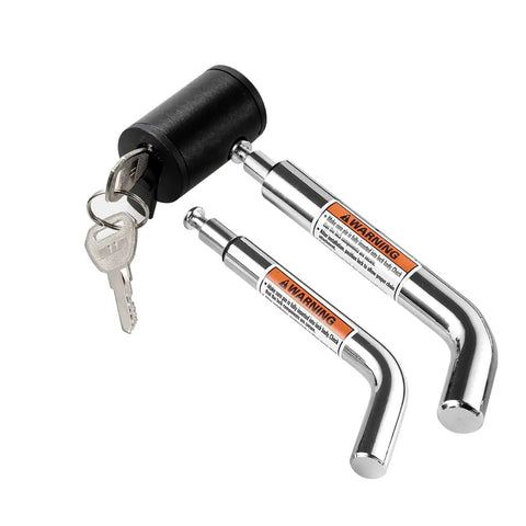 Right Angle Hitch Receiver Pin Lock With Dual One Half Inch And Five Eighths Inch Pins features a chrome finish and includes keys and caps.