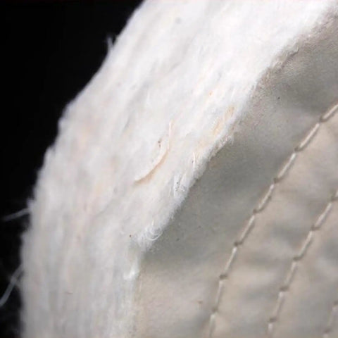 Close-up of Two Pack Beefy Extra Thick White Cotton Buffing Wheels Eight Inch Diameter with Five Eighth Inch Arbor Hole