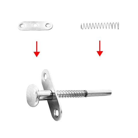 Two Piece Stainless Steel Spring Plunger Latch Lock Set 6.5 By 80 Mm showing components including latch, plate, and spring.