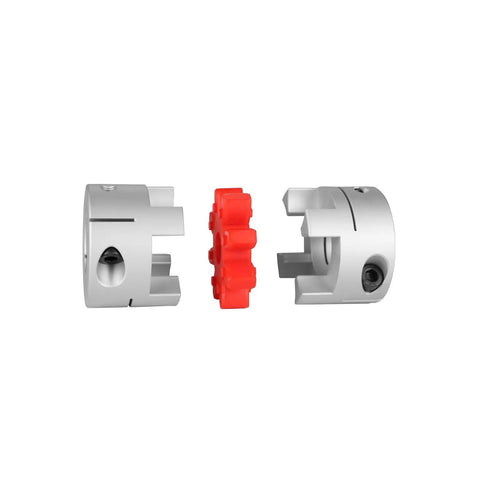 D40 L50 Aluminum Plum Flexible Shaft Coupling with 10mm to 19mm bore, showing split design and polyurethane spacer for 3D printers CNC machines