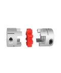 Exploded view of 40mm By 55mm Aluminum Flexible Shaft Coupling With 15 To 20mm Bore Zero Backlash High Torque Plum Elastomer, grey and red parts