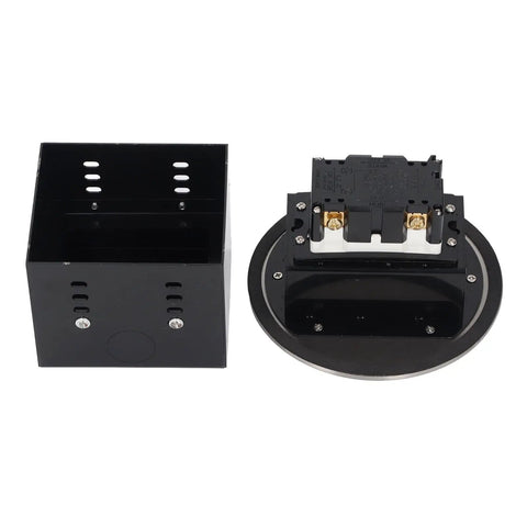 Heavy Duty Recessed Floor Outlet With Dual 3 Prong Sockets Clean Look Stainless Steel Flush Mount Power Box view showing black box and outlet module.