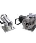 Straight Up Precision 4th Axis Gearbox For CNC Router, Hella Tough Rotary Three Jaw 100mm Chuck With 20 To 1 Ratio, Smooth Engraving Tailstock, Sweet Upgrade For Wood And Metal Jobs featuring silver chuck and tailstock setup.