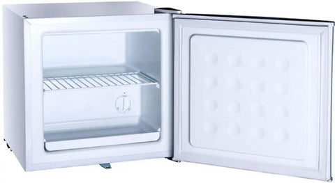 Rock Solid Zero Degree Upright Freezer In Crisp White Delivering A Roomy 1.1 Cubic Foot Storage Win, open door revealing interior shelf.