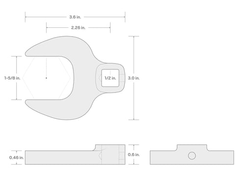 Diagram of One Half Inch Drive To One And Three Eighths Inch Crowfoot Wrench Ultra Compact Access Tool with dimensions and features