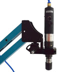 Close-up of a Beefed Up M3 To M12 Pneumatic Vertical Tapping Machine for quick metal holes, with air-powered tap tool and aluminum build.