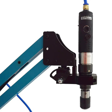 Close-up of a Beefed Up M3 To M12 Pneumatic Vertical Tapping Machine for quick metal holes, with air-powered tap tool and aluminum build.