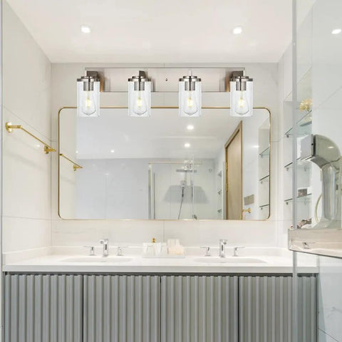 4 Light Brushed Nickel Bathroom Vanity Light Fixture With Seeded Glass Wall Sconce in modern bathroom setting