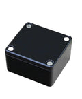 Black aluminum waterproof electrical enclosure box with four corner screws for outdoor use.
