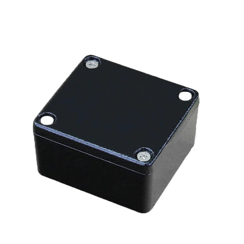 Black aluminum waterproof electrical enclosure box with four corner screws for outdoor use.