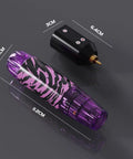 Wireless Tattoo Pen Kit For Beginners With 10 Needles And 7 Ink Colors shown with pen size dimensions in purple and black.
