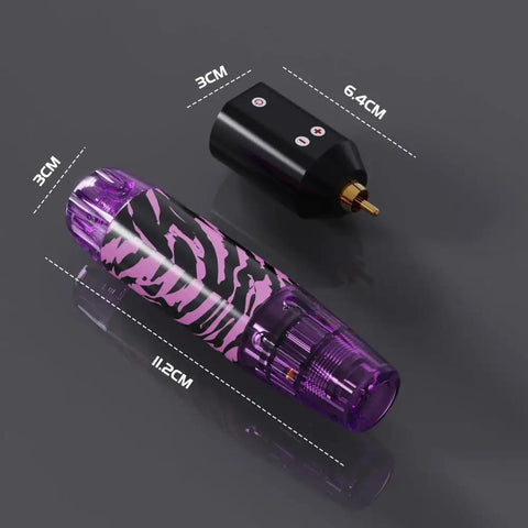 Wireless Tattoo Pen Kit For Beginners With 10 Needles And 7 Ink Colors shown with pen size dimensions in purple and black.