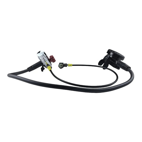 Regulator and hose of the 2L Scuba Tank Kit With Backpack And Regulator Portable Mini Dive Cylinder Set Reusable 6061 Aluminum Tank DOT 3AL Certified 3000 Psi 25 To 30 Minute Dive Time Easy To Carry Pro Grade Diving Gear
