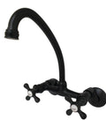 Two Handle Wall Mount Kitchen Faucet In Matte Black Finish With Ceramic Disc Cartridge, Adjustable Spout Center, Solid Brass Body
