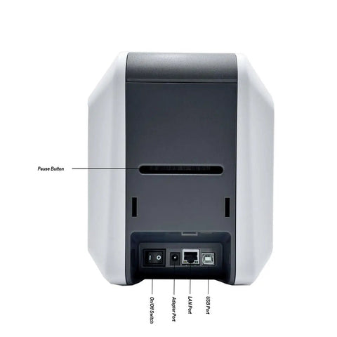 Back view of Heavy Duty Id Card Printer Kit Featuring Slick Edge To Edge Color Duplex Prints And Bulletproof Metal Frame with ports.