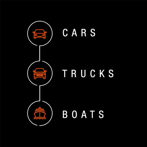 Image showing icons representing cars, trucks, and boats with respective labels on a black background.