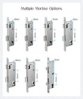 Tough As Nails Waterproof Gate Lock Featuring Fingerprint Scan Smart App Control and Keypad Access for Aluminum or Iron Doors Quick Biometric Entry Hella Secure Outdoor Hardware You Can Trust - Various mortise sizes displayed.