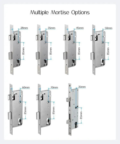 Tough As Nails Waterproof Gate Lock Featuring Fingerprint Scan Smart App Control and Keypad Access for Aluminum or Iron Doors Quick Biometric Entry Hella Secure Outdoor Hardware You Can Trust - Various mortise sizes displayed.