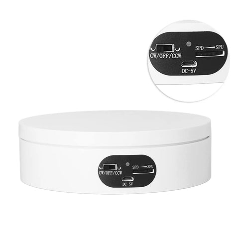 Motorized 360 Degree Rotating Turntable Stand For Jewelry Photography showing control panel and USB input.