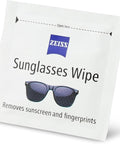 Front view of a ZEISS Sunglasses Wipe packet; white pouch with blue ZEISS logo and sunglasses image